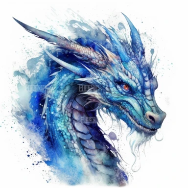 stuningly beautifull dangerous expressive looking shimmering electric blue wind dragon WITH HIGH DETAILED EYES with a fixing stare head an curved long neck looking in the camera with wind howling around its body , shimmering dust , magical glow, clipart, fantasy clipart watercolor fairytale dragon art watercolor art in front of a hills highly detailed uplight 8k in front of white background , WHITE BACKGROUND