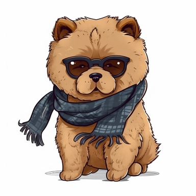 cute funny kawaii Chow Chow Puppy with Balenciaga sunglasses and cool necklaces or scarf, cute illustration, clipart, white backgound, Cuttable Design,full body