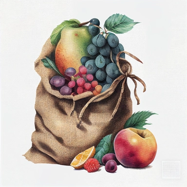 fruit in a burlap sack, watercolor clipart, transparent background