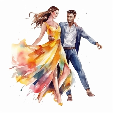 an isolated watercolor clipart of a stunning model couple, dancing, smiling happily, colorful