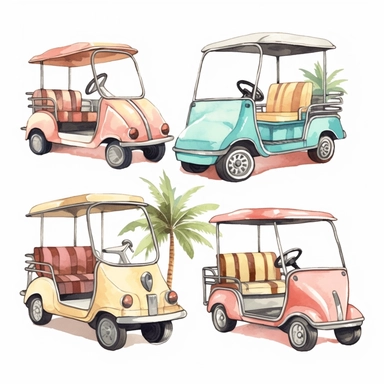 pastel, illustrated golf carts, clipart, isolated on white background, vintage surf style