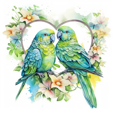 watercolor clipart, two green Budgerigar Parrots in love with tropical gardens, sweet hearts around, watercolor sublimation design, Sublimation Clipart, hyper realistic, intricate detail, illustration style, isolated on white background for removing background, Super-Resolution, Megapixel
