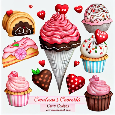 valentines day treats, cupcakes, chocolate candy, ice cream soda, cakes and cookies clipart set, hand-drawn,