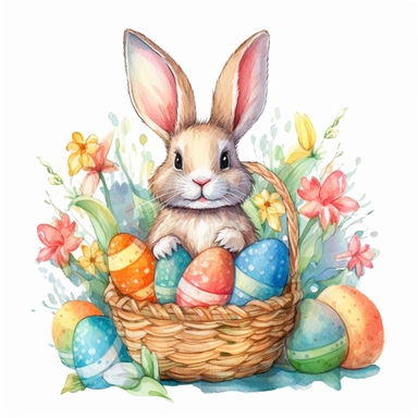 clipart, isolated on white background, Watercolor bunny and colorful eggs and basket, easter style, detailed, flowers, ornated, vivid and vibrant and saturated colors