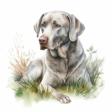 Hand drawn silver Labrador, in the grass, very detailed and realistic, watercolor, white background with margins, clipart style