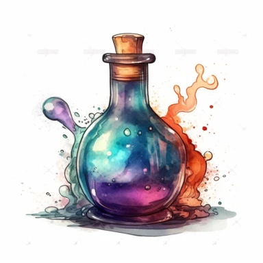 magical potion bottle, magical and mystical, video game style, clean and crisp, clipart, illustration, alchemical, smoke and embelishments, wizards potions, isolated on white background