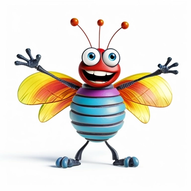 1960s style, pixar style, cartoon bug, happy, big smile, arms outstretched, wanting to give a hug, colorful, smiling, clip art, white background, 5 year old bug, thick lines, low detail--s250