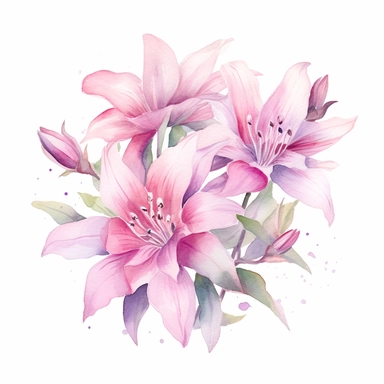 Serene watercolor illustration of pink flowers blooming in a peaceful garden, portrayed from a top-down angle, with the composition radiating a sense of serenity, harmony, and the gentle embrace of nature's healing touch, clipart on a clean white background.