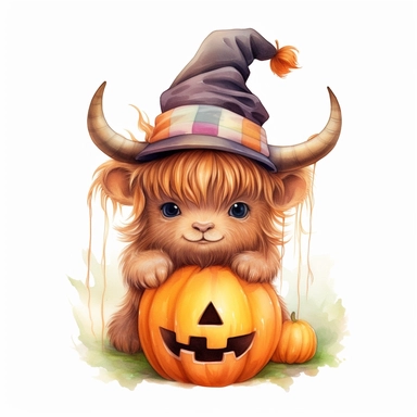 Cute baby Highland Cow in a witch's cap, pumpkins with scary face, hand painting , style by Lucy Fleming, watercolor, smooth gradients, black contour outline, ultra detailed, clipart elements, delicate pastel colors, solid white background, super clear, high quality
