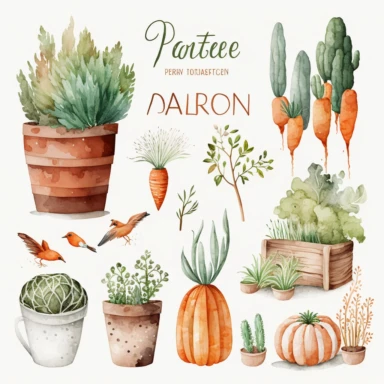rustic decor garden watercolor clipart on white background, brown green terracotta orange wood white grey, carrot