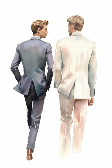 watercolor portrait illustration of groom with best man clipart, close up view of the back, in style of Michiel van Huysum, subtle faded color variations, hyper-detailed hd watercolor clipart, on white background, spaced out