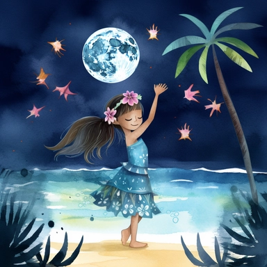 watercolour, tropical island setting, showcase an adorable little polynesian hula girl (aged 8) she is dancing under the moonlight on the beach with full moon and twinkling stars above, she is happy, she has tropical beautiful flowers in her hair, the feeling is magical, clipart style