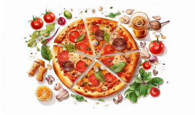 pizza clipart items bundle in white color background, narrative clarity, white background, transparent background, simplistic, clean and elegant, very detailed, vector illustration clipart, serge Marshhennikov, victor nizovtsev, i can't believe how beautiful this is
