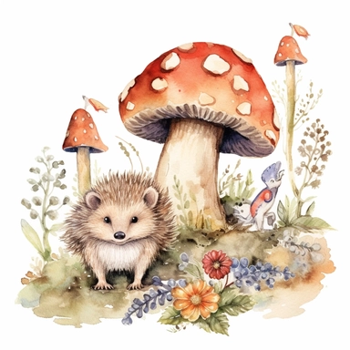 Woodland hedgehog watercolor clipart, white background