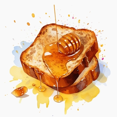 Clipart, watercolor, white background: Generate a clipart of a slice of bread with honey drizzled on top, representing a delicious honey spread