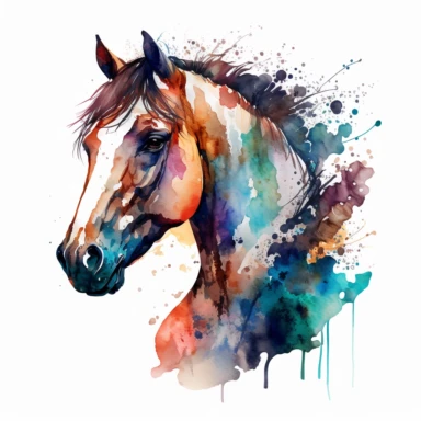 a watercolor clip art style portrait of a horse. The horse should be positioned at a three-quarter angle with its head turned slightly towards the viewer. Use bright, vibrant colors and loose, flowing brushstrokes to create a sense of movement and energy. Include details such as the horse's mane and tail, and add a subtle background of abstract shapes to enhance the composition.