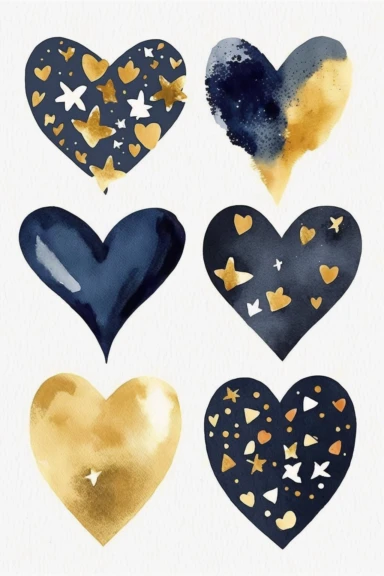 collection of clipart, hearts and stars theme, four big hearts and three big stars, modern watercolor. by mary blair. white background, navy blue, golden,