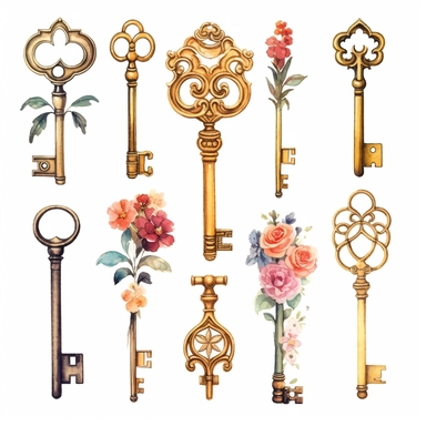 assorted gold keys inspired by Alice in wonderland watercolor illustration, design elements isolated on white background, vintage clip art - Image #4 <@1098423716465102849>