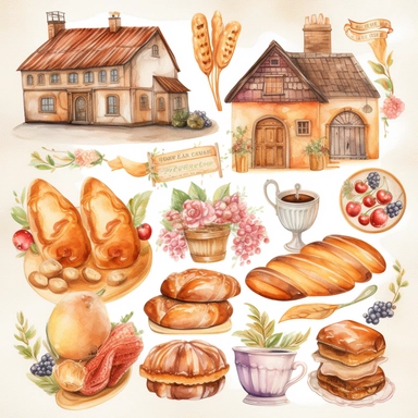 make a vector design sticker sheet with lots a french cafe theme, watercolor, spread out clipart, bread, desserts, cakes, macarons, tea, french bread, flowers