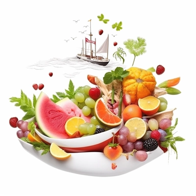 White background. Clipart. food. magical foodscapes made from mouthwatering dishes that are transformed into extraourdinary landscapes. mystical, beuty of nature elements, touch of fantasy, visually stunning, enchanting, imagination, culinary, extraordinary. Clipart. White background.