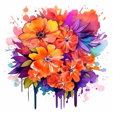 watercolor clipart of gorgeous blossoms with the fft® blooming sunshine bouquet, in the style of fauvist vibrant and bold colors, dark orange and purple, candid moments, combining natural and man-made elements, gemstone, bold color fusions, cartoonish innocence