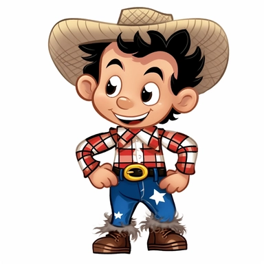 a cute little boy dressed for a brazilian junina party, with jeans, cowboy boots, long-sleeved plaid shirt, happy, Monica's gang style, Graphics Maurício de Sousa, on white background, big eyes, clipart, cartoon, inkley studio, smiling,