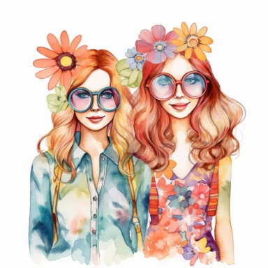 watercolor LINE ART SKETCH of 2 individually spaced apart Groovy, retro, hippie, flower power, digital printable clipart, vibrant color palette, white background