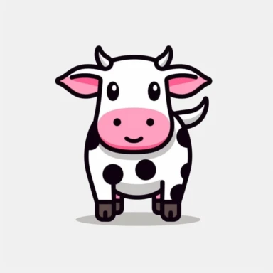 A simplistic SVG-style clipart of a charming cartoon cow front pose. The cow features a minimalistic design with its characteristic black and white spots and a dash of pink for its mouth. This adorable cow, with its large, bright eyes, and a small pair of horns, is designed using bold outlines and flat colors, emulating the simplicity of MS Paint creations. The design exudes innocence and playfulness, making it a perfect, uncomplicated representation of a cute cartoon cow.