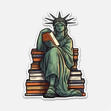 the statue of liberty reading a book-sitting in a library- clipart-sticker