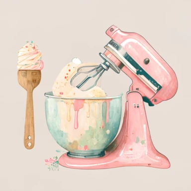pink retro kitchen mixer with wooden spoon and flour beside it in a watercolor clipart style