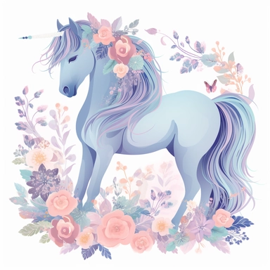A horse clipart design for girls with a soft and girly color palette of pastel colors like pink, purple and blue to create a dreamy atmosphere. The horse itself is majestic and has a long flowing tail and mane that move in the wind. Flowers and butterflies surround the horse and give the design a romantic touch