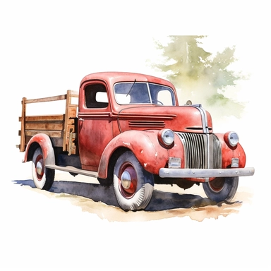 realistic watercolor drawing of a vintage ford truck in California farm, on a white background where the background will be removed to repurpose as a clipart.