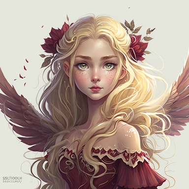 lilly stone, beautiful smiling fairy with large wings, 10 year old girl with long blonde wavy hair, burgundy dress, big eyes, BENTE SCHLICK style illistration, sparklecore, flowers, hyper detailed, white background, mid shot, clipart
