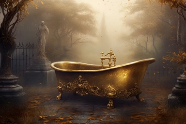 realistic clipart gold bathtub in foggy enchanted cemetery graveyard, digital painting
