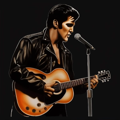 portrait view, full view, head to toe, beautiful image of Elvis Presley dressed in black leather jacket, black leather pants, with guitar and microphone, romantic, ethereal, fantasy, sharp focus, high detail, 8k, illustration clipart style, transparent background, (--iw 8)