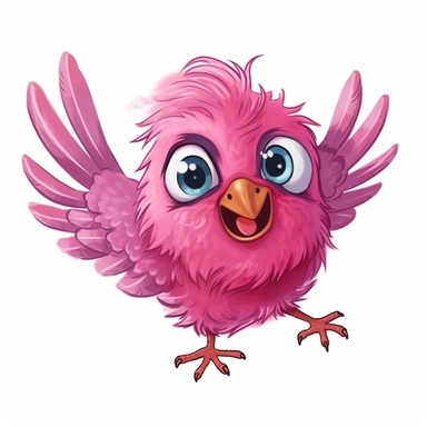 Pink happy cute bird, smiling, beautiful eyes, flying in the air clipart, in the style of cartoonish innocence, rough-edged 2d animation, birds-eye-view, playful caricature, in flight, no background, blink-and-you-miss-it detail