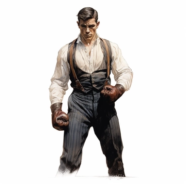 A beautifully illustrated victorian pulp fiction male fighter in varying hues ,wearing boxing gloves and muscular, muscles, octane render, hyperrealistic, stunningly handsome, simple details, refined and sophisticated, Hand drawn, roberto ferri ,realistic watercolor, Clipart, watercolor, white background, intricate detail