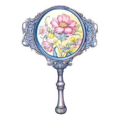 vintage style Detailed light and shadow, 2D outline, A beautifully patterned neo rococo Victorian baroque hyper realistic hand mirror in varying hues of pale pink, blue and yellow, stunningly beautiful, refined and sophisticated, Hand drawn, cicely mary barker ,realistic watercolor, Clipart, emotionally pleasing watercolor, i can't believe how beatiful this is,accurate detailed line art, white background, intricate detail, clean line art, saturated fantasy watercolor
