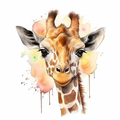 happy sweet Baby Giraffe - Giraffa camelopardalis clipart , original hand drawing, watercolor, understated and flawless coloring image, realistic image , white background, realistic painting, portrait without writing