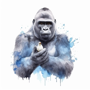 realistic watercolor gorilla holding a bird with its 2 hands on solid white background, clipart