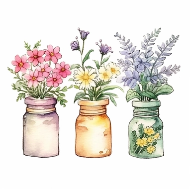Craft a personalized hand-drawn watercolor clip art image of a family gift niche with birth flowers. Customize the image for a family of four: a February baby (Primrose), a June baby (Rose), a September baby (Aster), and a December baby (Holly). Surround