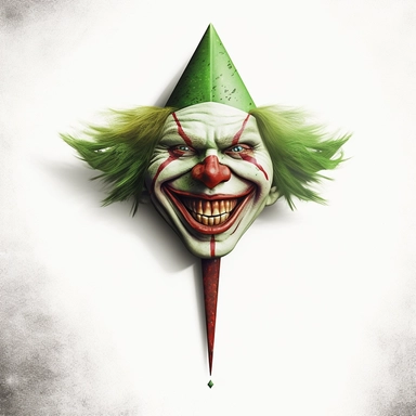 a green arrow clipart symbol with features of a clown, hyper realistic photography