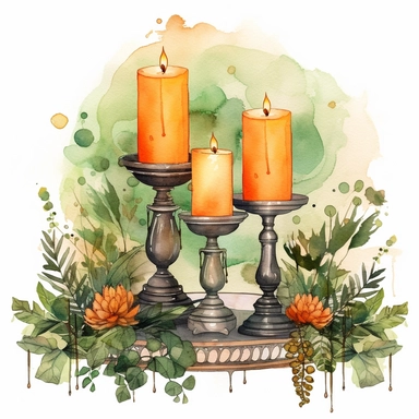 watercolor green and orange shadows clipart of wiccan altar with candles, calderun and nature