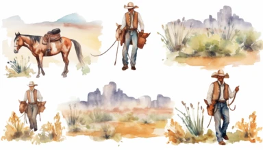 watercolor clipart set illustrations of cowboys from behind with wild grass and Texas longhorns on white background