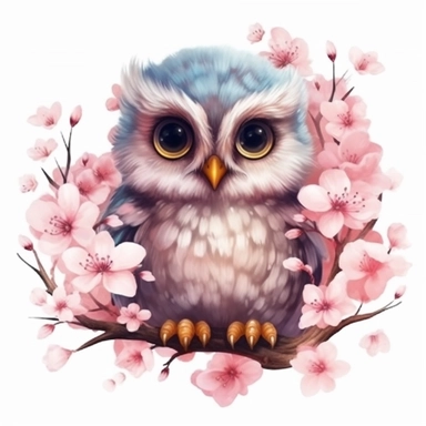 Sticker. A baby owl sits on a various flower tree with big eyes whole body watercolor illustration abstract fantasy background shadow for clipart ultra detail, high quality, 8k, hd quality