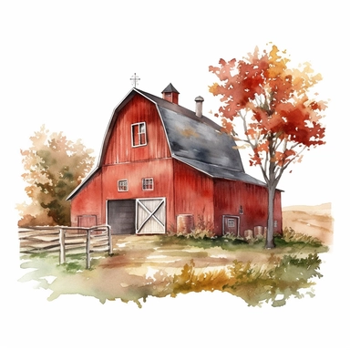 vector watercolor red barn in autumn clipart on white background, red barn in autumn colors, reds and greens, photorealistic, ultrarealistic,no background, on white
