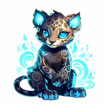 a cute and whimsical glowing tribal leopard with blue lights on his eyes, tribal animals, in the style of manhwa character design, master of shadows, burned/charred, himalayan art, dark black and light azure, clipart, on white blackground