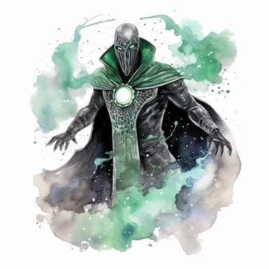 a very detailed watercolor clipart image of a celestial super villain, black/emerald green suit, bright jade eyes, floating in outter space