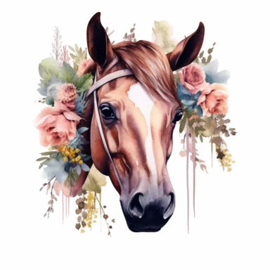 Watercolor Minimalist floral Horse Face clipart, hyper realistic, detailed, stylised, nature scene, hyper detailed, cozy colors