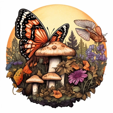 coloured mushroom wolf mushroom moon owl butterfly free vector, in the style of calligraphy-inspired, #screenshotsaturday, bold black outlines, circular shapes, soothing landscapes, feminine sticker art, wiccan, white background Sublimation Clipart,hyper realistic, intricate detail, illustration style,high solution,on the white background